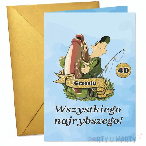 prezent dla wedkarza na urodziny kartka okolicznosciowa urodzinowa zlota rybka personalizacja