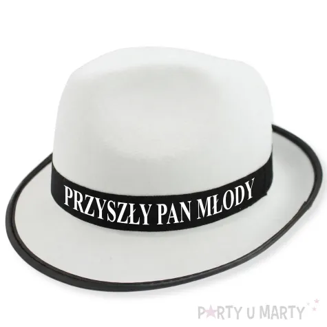 prezent dodatek na wieczor kawalerski kapelusz przyszly pan mlody bialy z lamowka do zdjec 58 cm
