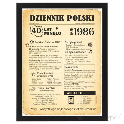 prezent na 40 urodziny czterdziestke kartka plakat gazeta w ramce dziennik polski 1986 imie