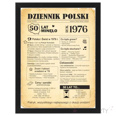 prezent na 50 urodziny piecdziesiatke kartka plakat gazeta w ramce dziennik polski 1976 imie