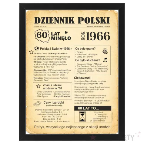 prezent na 60 urodziny szescdziesiatke kartka plakat gazeta w ramce dziennik polski 1966 imi