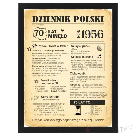 prezent na 70 urodziny siedemdziesiatke kartka plakat gazeta w ramce dziennik polski 1986 imi