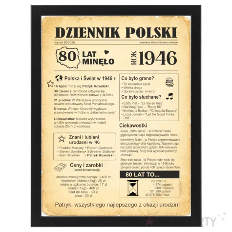prezent na 80 urodziny osiemdziesiatke kartka plakat gazeta w ramce dziennik polski 1946 imie