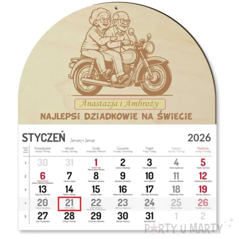 prezent na dzien babci i dziadka drewniany kalendarz personalizowany z imionami motocykl 28x32