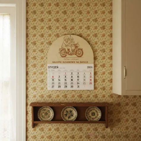prezent na dzien babci i dziadka drewniany kalendarz personalizowany z imionami motocykl 28x32