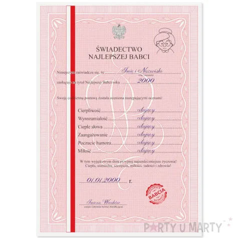 prezent na dzien babci urodziny swiadectwo dyplom najlepszej babci personalizowany a4