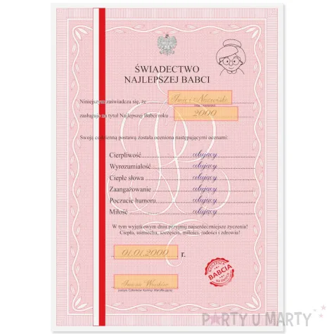 prezent na dzien babci urodziny swiadectwo dyplom najlepszej babci personalizowany a4