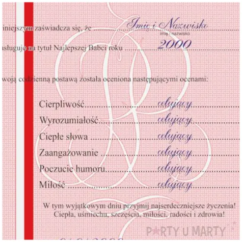 prezent na dzien babci urodziny swiadectwo dyplom najlepszej babci personalizowany a4