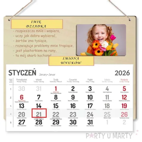 prezent na dzien dziadka drewniany kalendarz personalizowany z imieniem 29x26 cm
