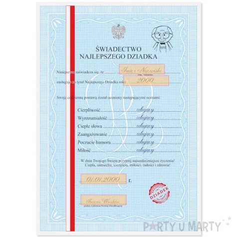 prezent na dzien dziadka swiadectwo dyplom najlepszego dziadka personalizowany w ramce a4