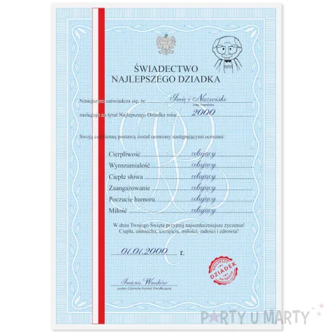 prezent na dzien dziadka urodziny swiadectwo dyplom najlepszego dziadka personalizowany a4