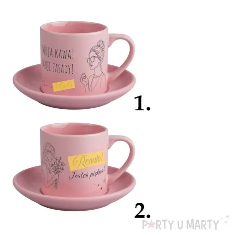 prezent na dzien kobiet filizanka ze spodkiem personalizowana z imieniem rozowa 170 ml