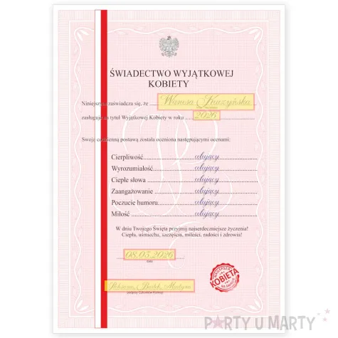 prezent na dzien kobiet urodziny swiadectwo w ramce personalizacja certyfikat dyplom imie a4