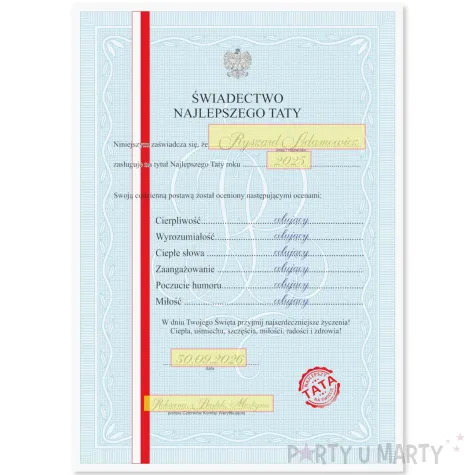 prezent na dzien matki 23 czerwca swiadectwo dyplom najlepszego taty personalizacja a4