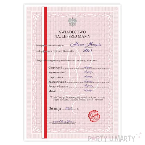 prezent na dzien matki swiadectwo dla najlepszej mamy a4