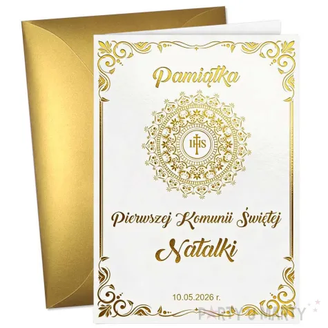 prezent na komunie swieta zlota kartka okolicznosciowa z imieniem dziecka ihs ornamenty