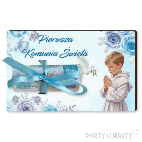 prezent na pierwsza komunie swieta karnet na banknot pieniadze chlopiec w albie 12x7 5 cm