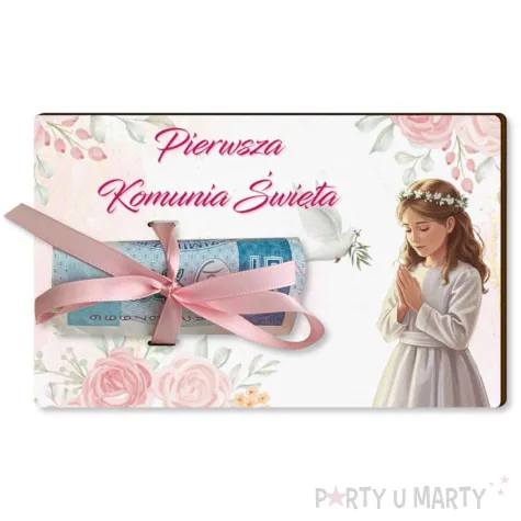 prezent na pierwsza komunie swieta karnet na banknot pieniadze dziewczynka w albie 12x7 5 cm