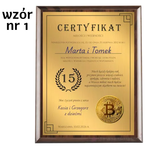 prezent na rocznice slubu jubileusz zloty certyfikat w drewnie pamiatka personalizacja imiona