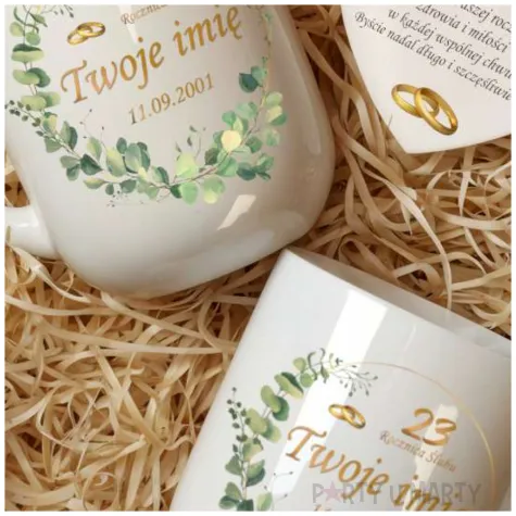 prezent na rocznice slubu zestaw upominkowy personalizowane kubki magnes obraczki
