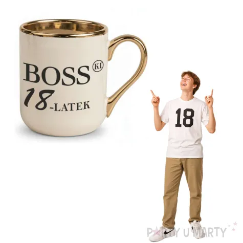 prezent na urodziny kubek bosski 18 latek kremowo zloty elegancki upominek 330 ml