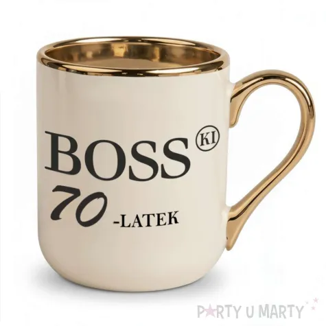 prezent na urodziny kubek bosski 70 latek kremowo zloty elegancki upominek 330 ml