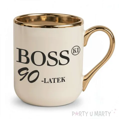 prezent na urodziny kubek bosski 90 latek kremowo zloty elegancki upominek 330 ml