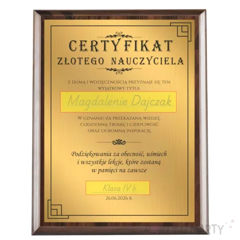 prezent na zakonczenie roku dzien edukacji certyfikat w drewnie z grawerem dla nauczyciela