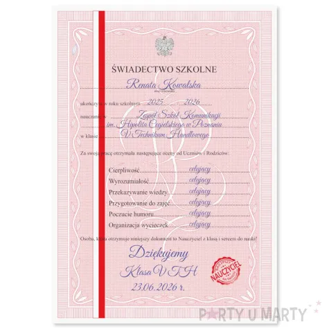 prezent personalizowany dla nauczyciela na zakonczenie roku dzien edukacji swiadectwo szkolne