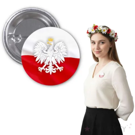 przypinka godlo polski okragla bialo czerwona 56 mm