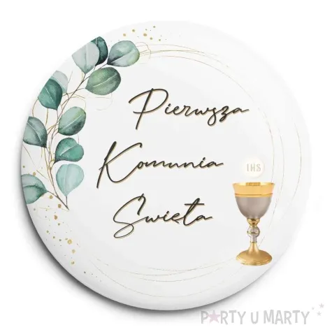 przypinka komunia swieta eukaliptus z hostia okragla 56 mm