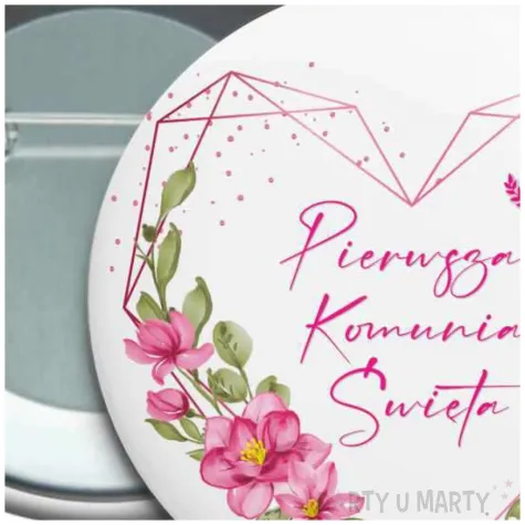 przypinka komunia swieta rozowe serce okragla 56 mm