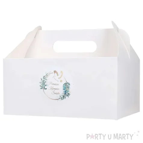 pudelko na ciasto pierwsza komunia swieta golabek i eukaliptus bialy czakos 10 szt