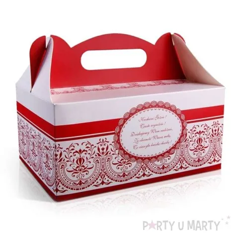 pudelko na ciasto wesele ornament czerwono biale 10 szt