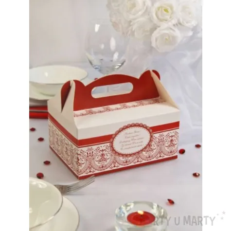 pudelko na ciasto wesele ornament czerwono biale 10 szt