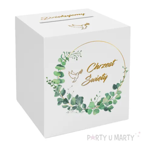 pudelko na telegramy skrzynka na koperty i pienidze chrzest swiety eukaliptus beauty biala