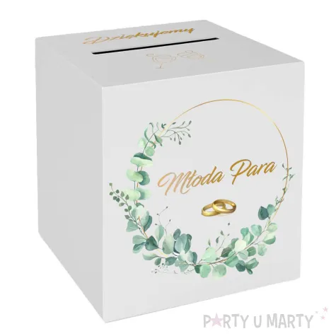 pudelko na telegramy skrzynka na koperty i pienidze slub mloda para eukaliptus beauty biala