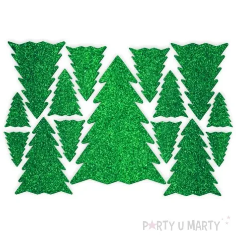 scrapki pvc swiateczne choinki zielony brokat 15 szt