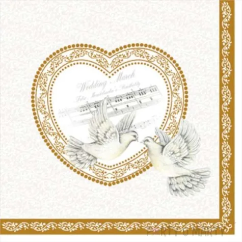 serwetki 33 cm slub biale golebie zloty nadruk 20 szt