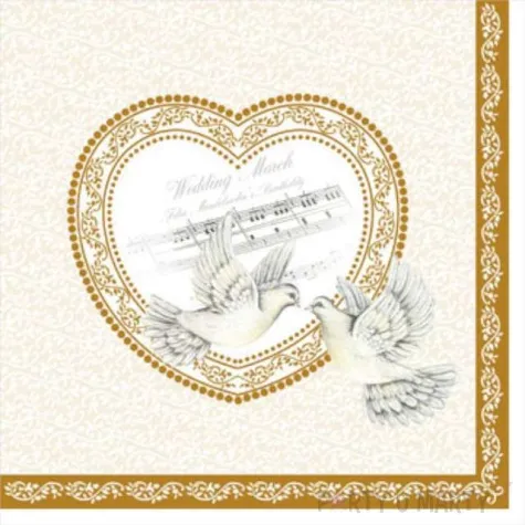 serwetki 33 cm slub kremowe golebie zloty nadruk 20 szt