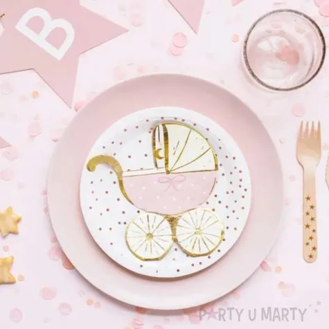 serwetki baby shower girl wozek dzieciecy rozowo zloty partydeco 28 x 30 cm