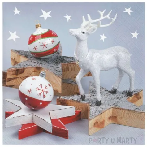 serwetki bialy renifer z drewnianymi gwiazdami maki 33 cm 20 szt