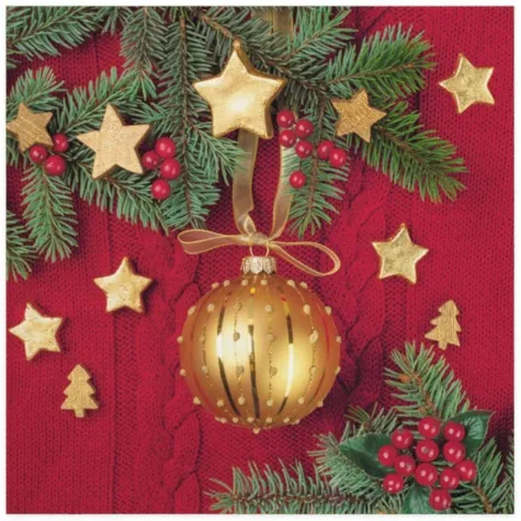 serwetki bombka zlota na czerwonym welnianym tle maki 33 cm 20 szt