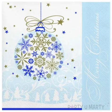 serwetki bombka zloto niebieska z platkow sniegu maki 33 cm 20 szt