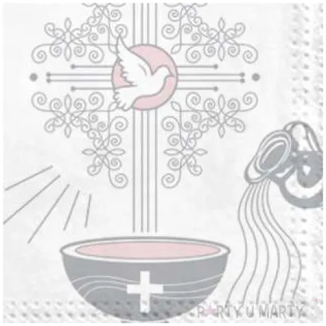 serwetki chrzest krzyz srebrny rozowy maki 33 cm 20 szt