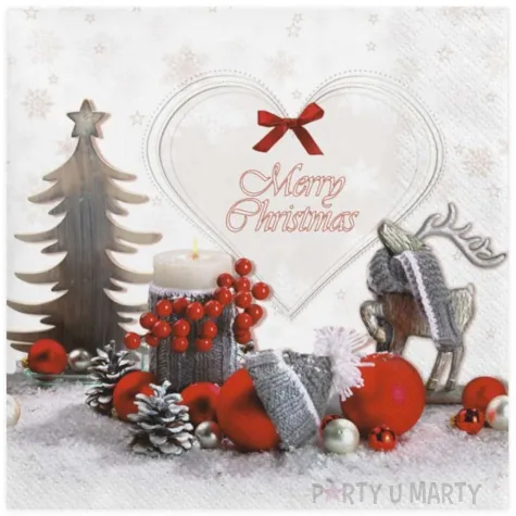 serwetki czerwone bombki na szarym tle z choinka maki 33 cm 20 szt