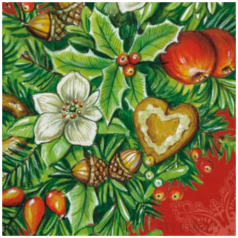 serwetki dekoracja z jemiola i orzechami na czerwonym tle maki 33 cm 20 szt