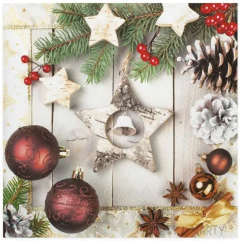 serwetki gwiazdka z dzwoneczkiem i bordowe bombki maki 33 cm 20 szt