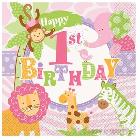 serwetki happy 1st birthday jungle animals girl 33 cm unique 16 szt