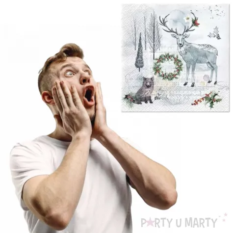 serwetki jelen lis na bialej polanie szare paw 33 cm 20 szt